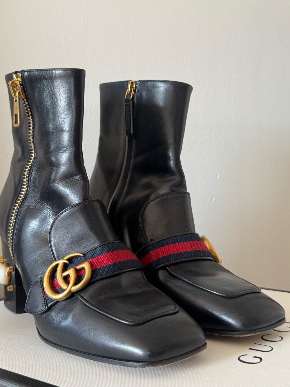 Gucci Black Leather Ankle Boots with Gold GG and Pearl Heel Accents - Picture 11 of 14